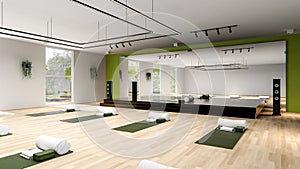 Empty Yoga studio interior design, open space with stage and large mirror, 3d rendering