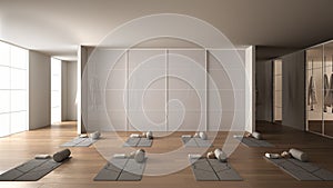 Empty yoga studio interior design, space with mats, hammocks, pillows and accessories, parquet, mirror, room divider and big