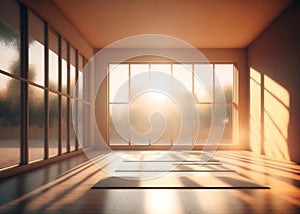 empty yoga studio at sunset, with warm, golden light streaming in through the windows (AIgen)