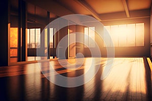 empty yoga studio at sunset, with warm, golden light streaming in through the windows (AIgen)