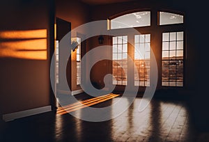 empty yoga studio at sunset, with warm, golden light streaming in through the windows (AIgen)