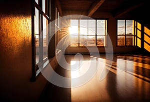 empty yoga studio at sunset, with warm, golden light streaming in through the windows (AIgen)