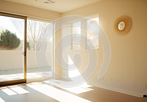 empty yoga studio at sunset, with warm, golden light streaming in through the windows (AIgen)