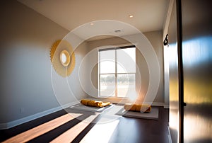 empty yoga studio at sunset, with warm, golden light streaming in through the windows (AIgen)