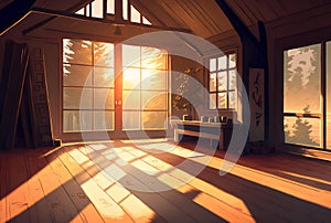 empty yoga studio at sunset, with warm, golden light streaming in through the windows (AIgen)