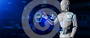 EMR EHR Electronic medical health record RPA automation. Robot pressing button on screen 3d render