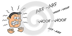 Cartoon man very afraid of dog barking, vector illustration