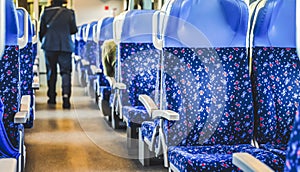 Emtpy interior of the train for long and short distance in Europe. A modern train seats or chairs.