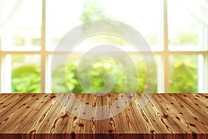 Emtry wooden table on top over blur natural background, can be used mock up for montage products display or design layout