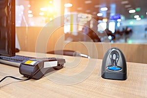 Emty cashier desk counter POS terminal with barcode scanner, receipt printer, wallet and credit card reader equipment. Payment