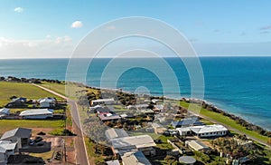 Emu Bay coastline aerial view on a sunny day, Kangaroo Island, Australia