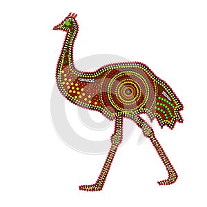 Emu isolated on white background. Australia aboriginal ostrich dot painting.