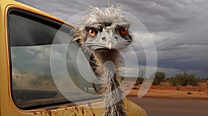 Ostrich In Front Of Yellow Vehicle: A Captivating Emotive Portraiture