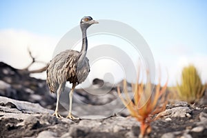 emu standing on a rocky scrubland outcrop