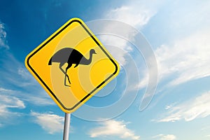 Emus australian wildlife road sign with blue sky and cloud background