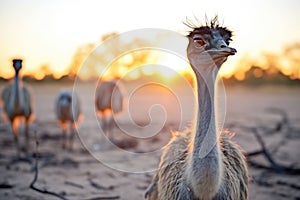 emus with sun setting behind sparse scrubland