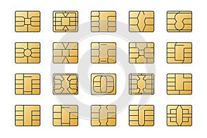 EMV chip gold vector icons. Editable stroke. Set line nfc symbol. Contactless payment at terminals and ATMs. Square computer