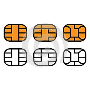 EMV chip icon for bank plastic credit or debit charge card. Vector line symbol illustration set. Simple style and isolated on a bl