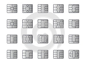 EMV chip silver vector icons. Editable stroke. Contactless payment at terminals and ATMs. Set line nfc symbol. Square computer photo