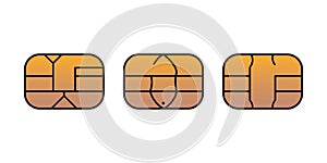 EMV gold chip icon for bank plastic credit or debit charge card. Vector symbol illustration set