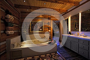 The en-suite bathroom in a modern log home.