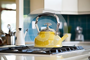an enamel-coated teakettle whistling on the stovetop photo