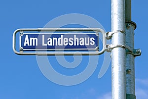 enamel street name plate with name Am Landeshaus - engl: house of county in Wiesbaden