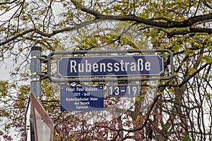 Enamel street sign Rubensstrasse - engl: street of Rubens - in Frankfurt