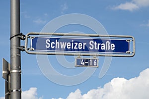 Enamel street sign schweizer strasse - engl: swiss street - in Frankfurt