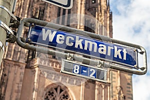 Enamel street sign Weckmarkt - engl: market of bakerman - in Frankfurt