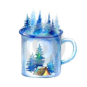 Enameled mug with tent, trees and shooting star.