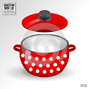 Enameled white saucepan with lid. Realistic vector on transparent background, 3d illustration