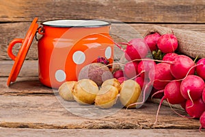 Enamelware saucepan and many vegetables.