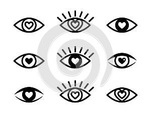 Enamored black eyes icons collection. Images of in love eyes, vector observation and search signs