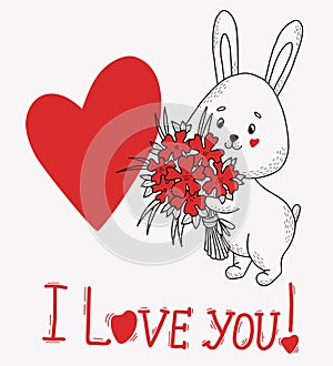 Enamored Cute rabbit with bouquet of flowers, big heart and text - I love you. Vector illustration in style of hand