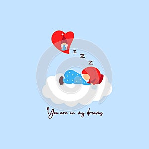 Enamored gnome sleep on cloud dreaming about girl. Red heart. You are in my dreams. On blue background. Vector