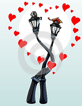 Enamored hug street lights, with hearts