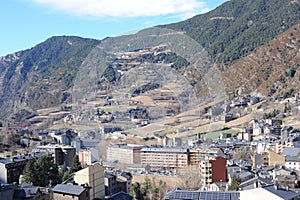 Encamp town in the Valira d`Orient river valley at the foot of Grandvalira resort in Andorra in Pyrenees mountains range in winter