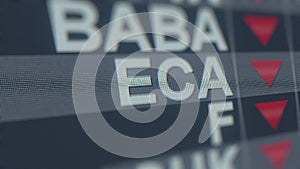 ENCANA ECA stock ticker with decreasing arrow. Editorial crisis related 3D rendering