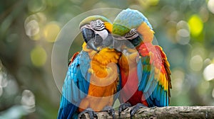 Encapsulating the affectionate bond between vibrant macaws within Brazil\'s captivating Pantanal wetlands