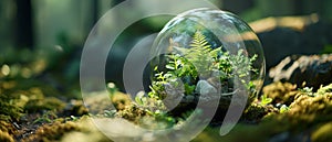 Encased In A Glass Globe, Lush Forest Plants Signify A Commitment To Nature, Sustainability, And Climate Awareness