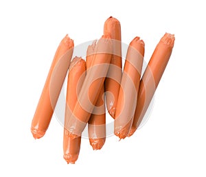 Encased sausages on white background, top view.