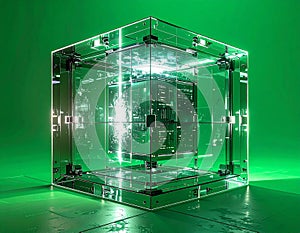 Futuristic Green Tech Server in a Glass Cube