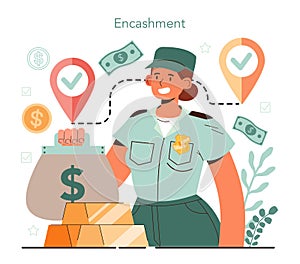 Encashment. Armored cash truck security. Money or valuable items collecting