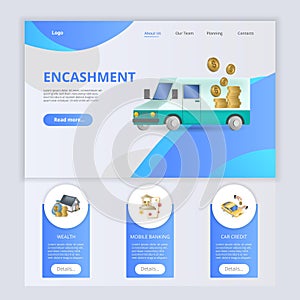 Encashment flat landing page website template. Wealth, mobile banking, car redit. Web banner with header, content and