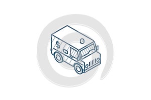 encashment service car, bank collector van, money delivery isometric icon. 3d line art technical drawing. Editable stroke vector