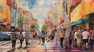 Encaustic painting: A vibrant, urban street scene, bustling with activity, featuring colorful storefronts, pedestrians, and city photo