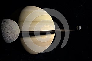 Enceladus orbiting around the Saturn planet together to Mimas. 3d render photo