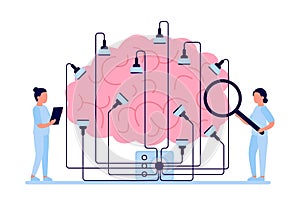 Encephalography brain procedure, patient with head electrodes and doctor. Medical test EEG electroencephalography