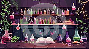 Enchanted Alchemy Lab with Colorful Potions and Magical Tomes